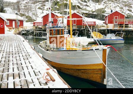 Nussfjord village, Lofoten Islands. Norway`s historic fishing village on the water, Europe Stock Photo